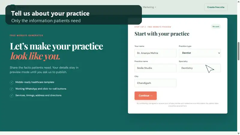 Demo showing the NiroLife healthcare website form and generated website preview
